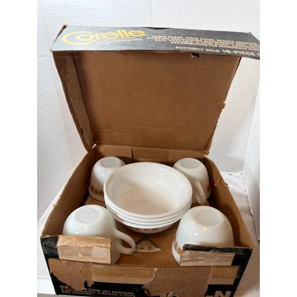 VTG Corelle Butterfly Gold Dinnerware Set 16 Pc Service for 4 White Gold OpenBox